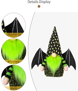 Detailed views of Halloween gnome wings, green beard textures, and knitted fabric accents