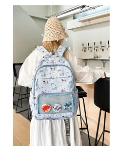 Detail of light blue backpack with dachshund patterns and transparent display pocket