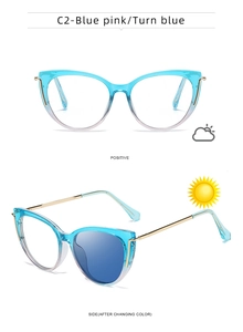 Detail of blue-pink cat-eye frames with lenses that change to blue under sunlight
