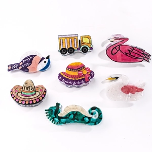 7-piece set of creative acrylic hair claws featuring colorful animal and cartoon shapes