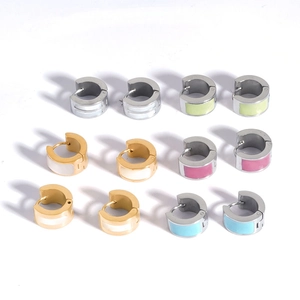 Minimalist wide titanium steel hoop earrings with shell inlay and colorful enamel set
