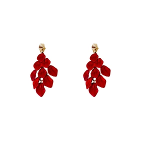 Elegant red petal long tassel earrings with golden metal studs on white background