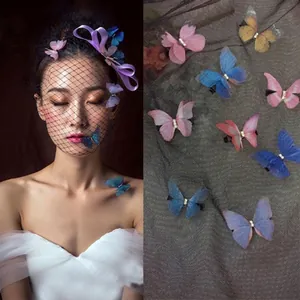 Double-layered colorful tulle butterfly hair clips with pearl detail for women and kids
