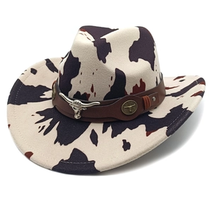Classic western cowboy hat with cow print pattern and metal bull head leather band