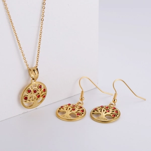 18k gold plated tree of life jewelry set with red crystal necklace and earrings