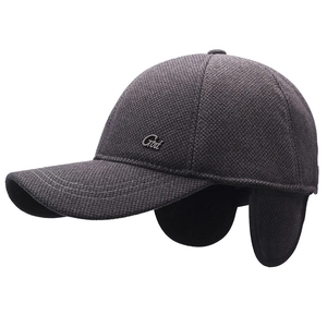 Men's winter baseball cap with ear flaps in dark grey textured warm knit fabric