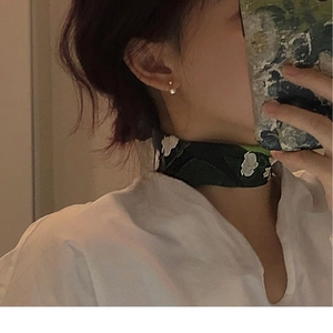 Minimalist freshwater pearl gold stud earrings and floral silk scarf accessory set