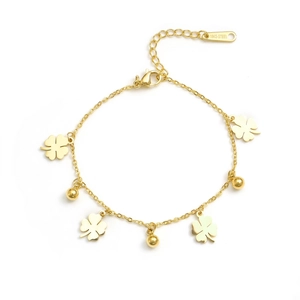 Elegant gold titanium steel bracelet featuring lucky four-leaf clover charms and beads