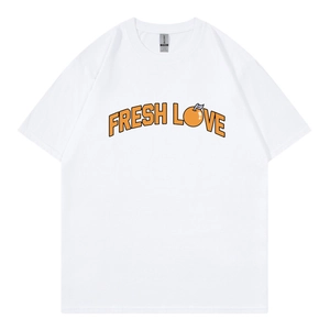 T-shirt Homme Imprimé Fresh Love Orange Coton Respirant Été Décontracté Coupe Large Col Rond Haut Manches Courtes