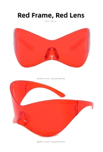 Detailed views of red translucent wrap-around Y2K sunglasses with butterfly lens design