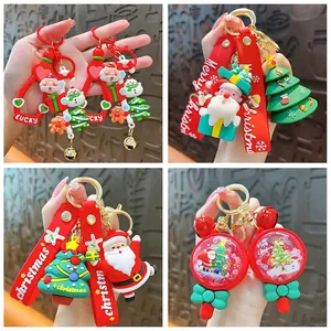 Cute 3D Christmas Santa Claus Christmas Tree Snowman PVC Figures Keychain With Red Silicone Wrist Strap Bag Charm Festive Gift