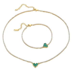 Gold stainless steel jewelry set with green heart pendants and white crystal tennis chain