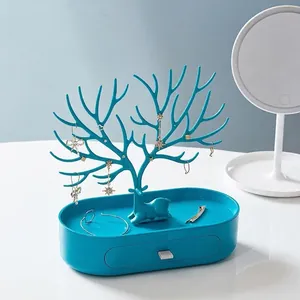 Antler jewelry organizer with drawer base for rings and earrings in morandi blue finish