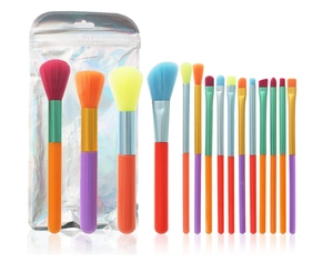 Colorful 15-piece watercolor makeup brush set with vibrant bristles and holographic bag