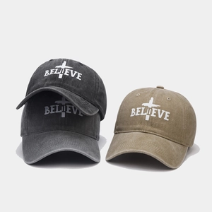 Washed distressed cotton baseball cap with Believe cross print in grey and khaki