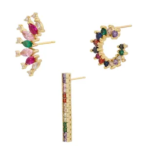Three pairs of 18K gold plated earrings with colorful zircon stones and dimensions