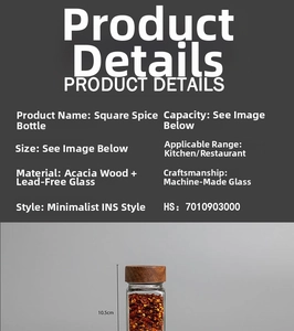 Square glass spice jar with acacia wood lid and 10.5cm height dimension details