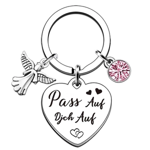 Porte-clés cœur argent avec petit ange et gravure allemande Pass Auf Dich Auf
