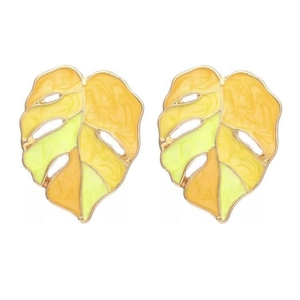 Golden monstera leaf earrings with yellow green enamel gradient in a tropical style