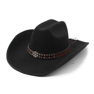 Western Cowboy Hat Wide Brim Woolen Felt Jazz Fedora With Leather Band Rivets Metal Buckle Vintage Style For Men Women