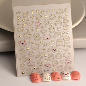 Süße Cartoon Tier Nagelkunst Aufkleber 5D Geprägt Gold Bronzieren Hund Kaninchen Katze DIY Dekoration Wasserdicht Damen Kinder