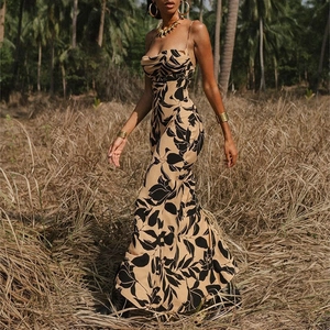 Sexy Backless Maxi Dress Floral Tropical Leaf Print Spaghetti Strap Polyester Spandex Vacation Summer Beach Long Slim