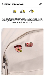 Pink heart lock and ticket stub enamel badges pinned on a beige canvas tote bag