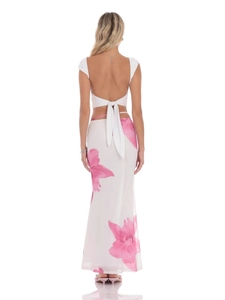 Women floral print mesh skirt set with backless tie-up top and high-waisted design