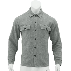 Men's slim fit grey long sleeve button-up jacket with lapel collar and twin chest pockets