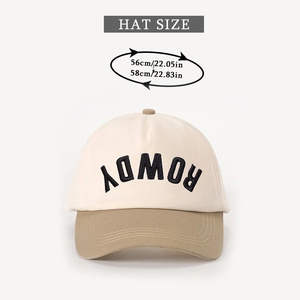 Detailed view of bicolor baseball cap showing ROWDY embroidery and head size measurements