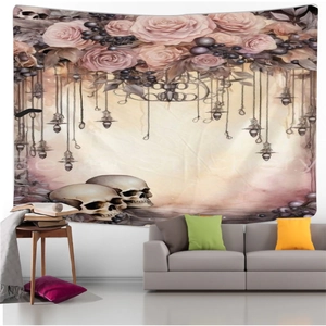 Detail of gothic floral tapestry with skulls and pink roses hanging over a modern sofa