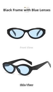 Detail view showing black oval frame sunglasses with translucent blue lenses from front and side