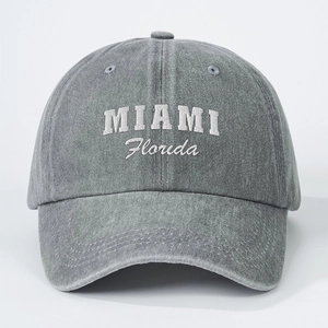Vintage grey washed cotton baseball cap with white Miami Florida embroidery on front