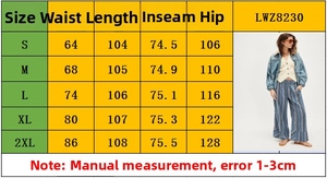 Guide des tailles pour pantalon large rayé avec mesures de taille et longueur en centimètres