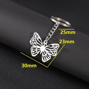 Polished stainless steel butterfly keychain with 25mm ring and 30mm hollow pendant