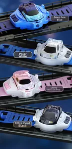Mini RC car watch toy collection displayed in blue, white, pink and black colors
