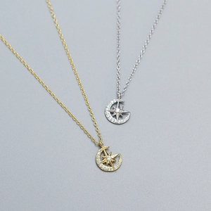 925 Sterling Silver Star And Moon Necklace Dainty Cubic Zirconia Eight-pointed Star Crescent Pendant For Women