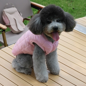 Close-up of pink quilted pet vest for dogs with ribbed edges worn by a poodle outdoors
