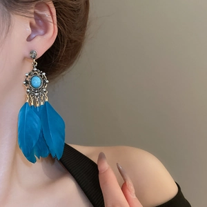 Détail de boucles d'oreilles bohèmes à plumes bleues portées avec élégance par un mannequin