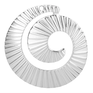 Detailed close-up of a silver spiral round pendant with textured radial patterns and top ring