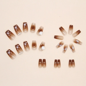 Short ballet caramel ombre press-on nails with 3D white roses and pearl accents
