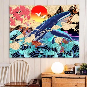 Tapisserie japonaise avec baleine bleue, soleil et fleurs de cerisier sur mur blanc