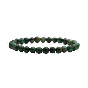 Polished green tiger eye beaded bracelet with natural stone textures on a white background