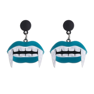 Halloween blue fangs lip earrings in acrylic with white teeth and black studs