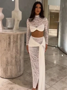 White Lace Long Sleeve High Neck Crop Top And Maxi Skirt Elegant Sexy Cut Out Bodycon Party Outfits For Women