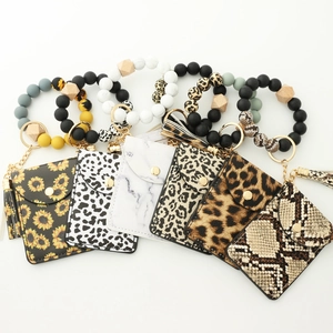 Keychain Wristlet Card Holder Wallet Silicone Beaded Bracelet With Wooden Bead And PU Leather Tassel Leopard Marble Print