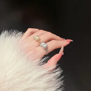 Watch Shape Ring Rectangular Mother Of Artificial Pearl Dial Zircon Inlay Chain Link Adjustable Copper Jewelry For Women