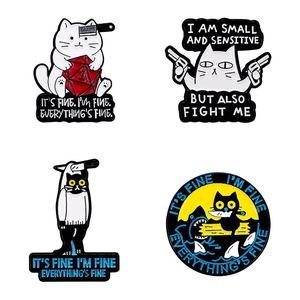 Set of four funny cartoon cat enamel pins featuring humorous quotes on white background