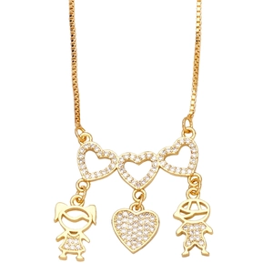 Golden cartoon family necklace featuring heart charms and zircon boy girl pendants