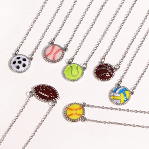 Detail of seven sports-themed enamel necklaces including soccer, basketball and baseball